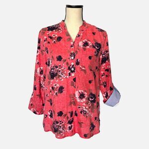 John Mark Linen Floral Tunic Top XS Coral Mixed Media Striped Trim Lagenlook